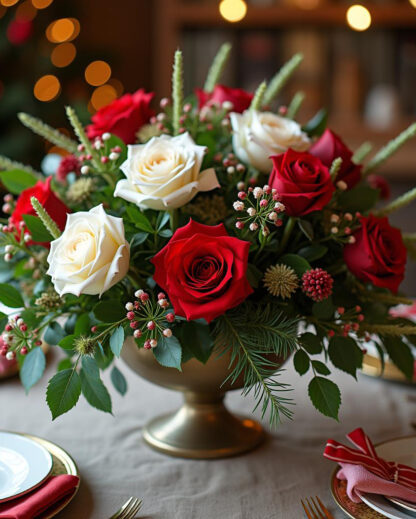 Festive flower arrangement red and white roses