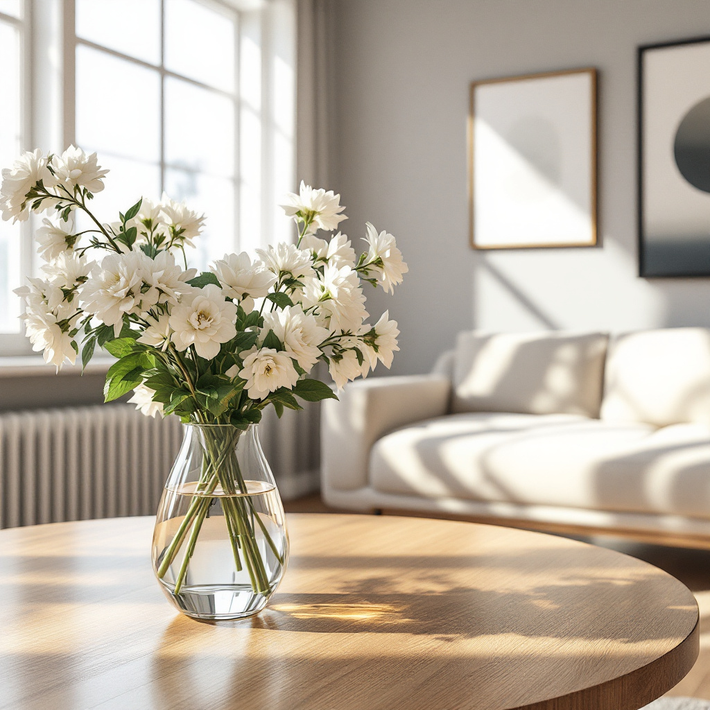 white flowers arrangement in living room interior