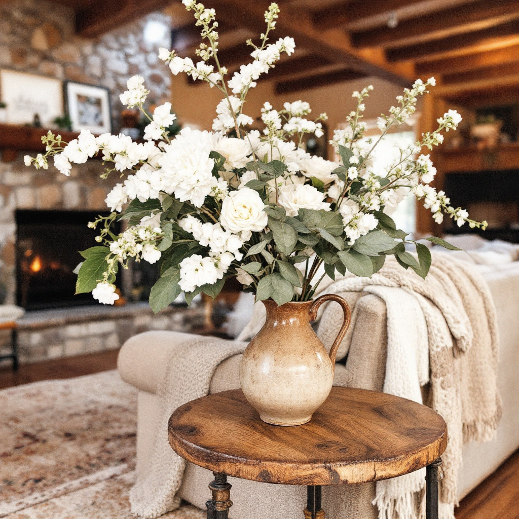 white flowers arrangement in living room interior