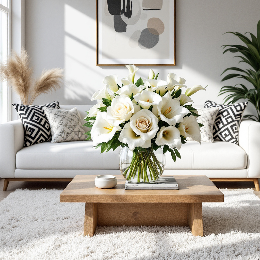 white flowers arrangement in living room interior