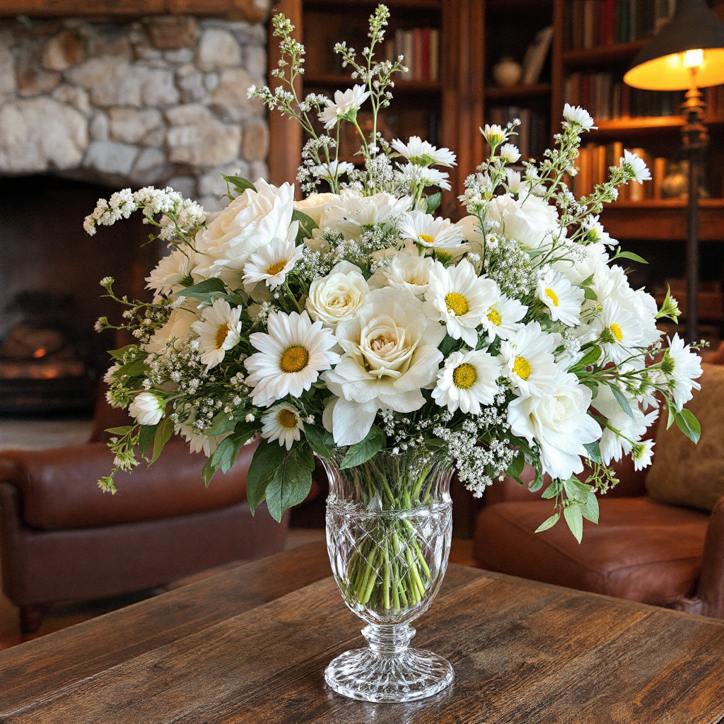 white flowers arrangement in living room interior