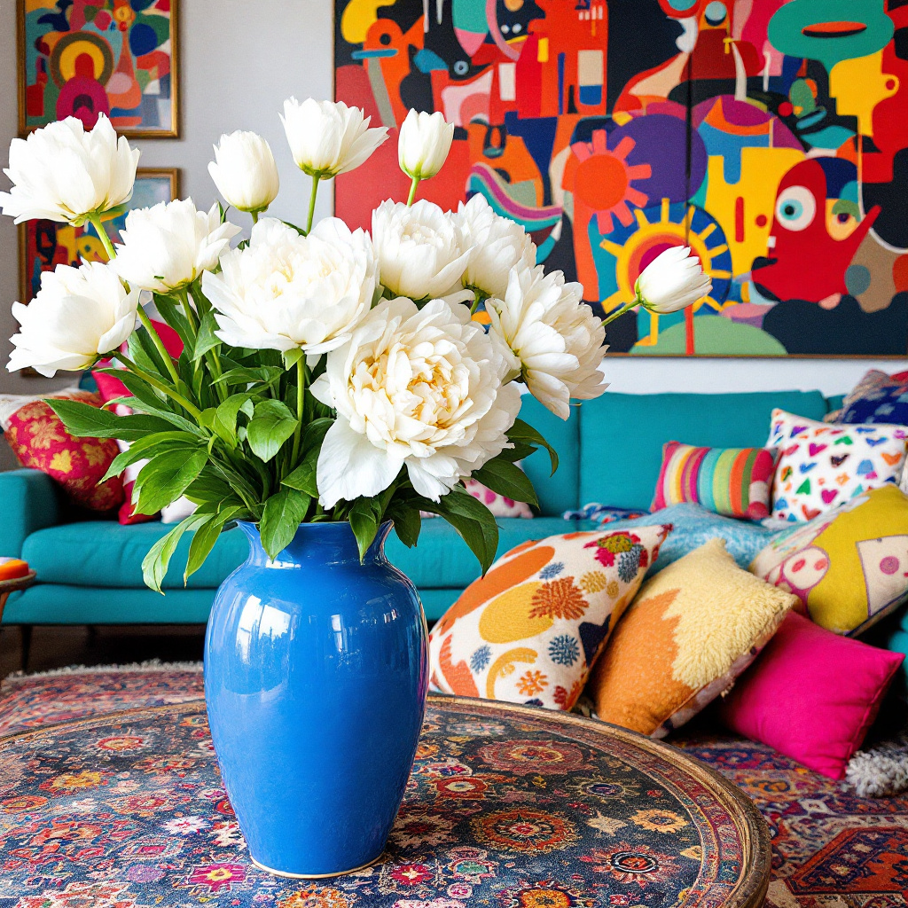 white flowers arrangement in living room interior