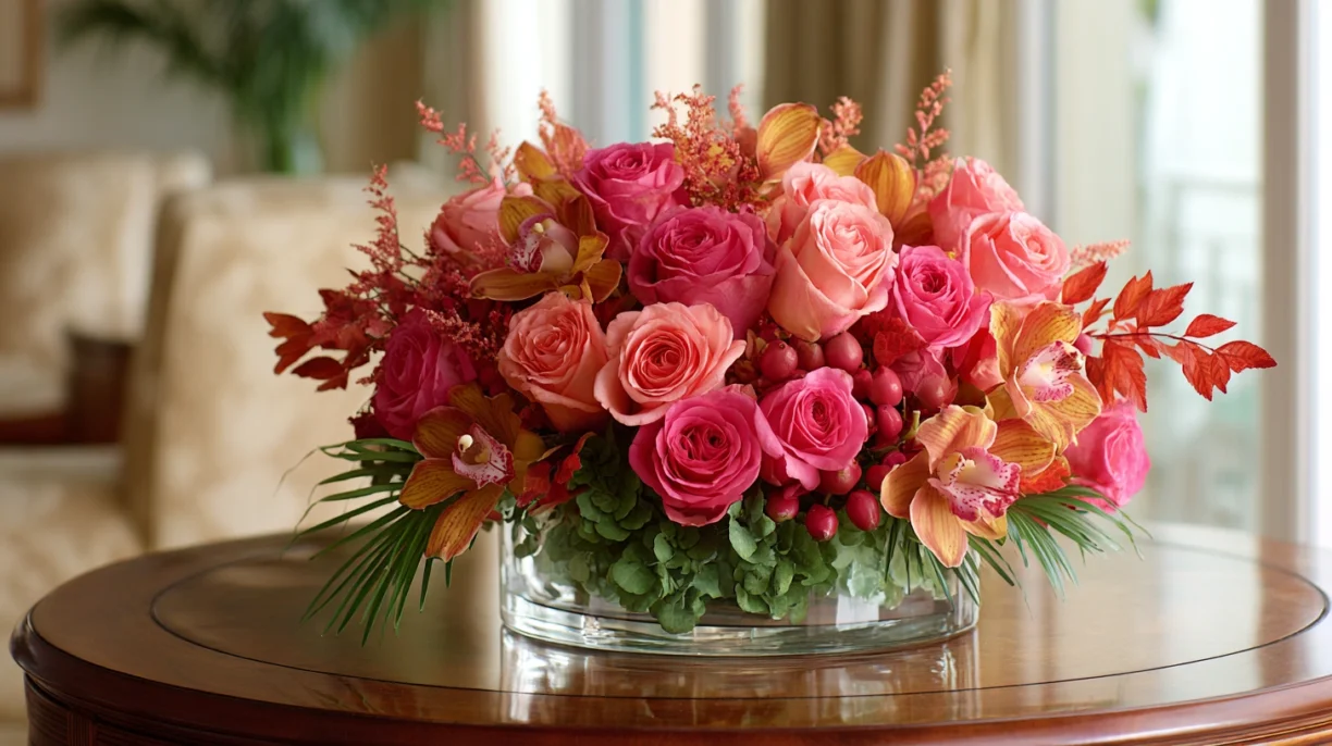 Roses and orchids in flower table centerpieces of Florida florist in autumn