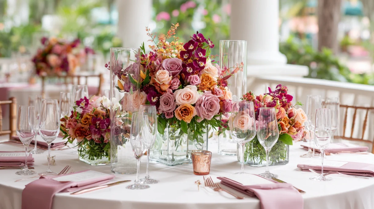 Roses and orchids in flower table centerpieces of Florida florist in autumn