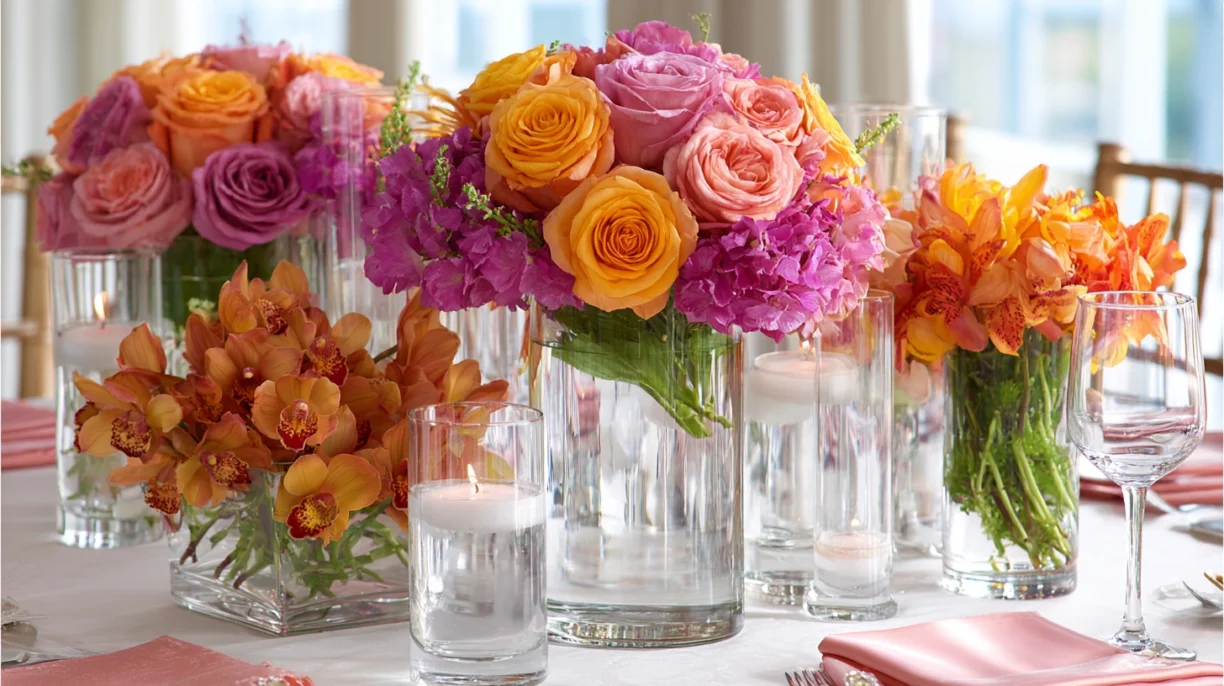 Roses and orchids in flower table centerpieces of Florida florist in autumn (8)
