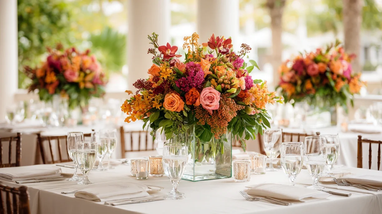 Roses and orchids in flower table centerpieces of Florida florist in autumn (8)