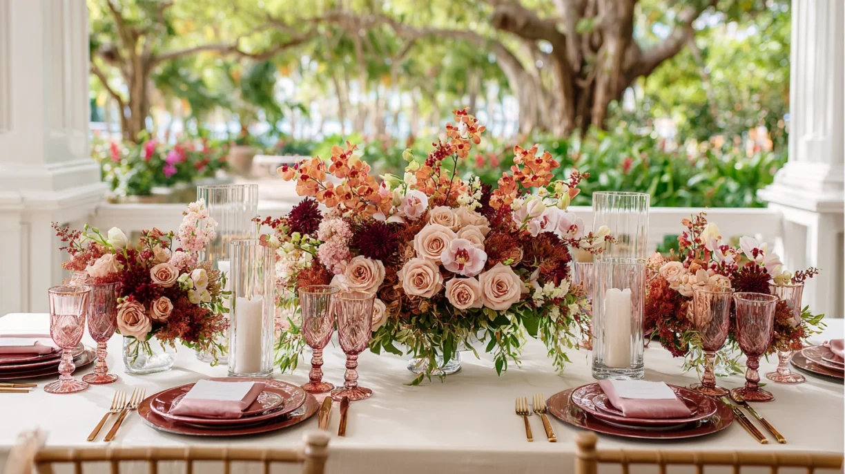 Roses and orchids in flower table centerpieces of Florida florist in autumn (8)