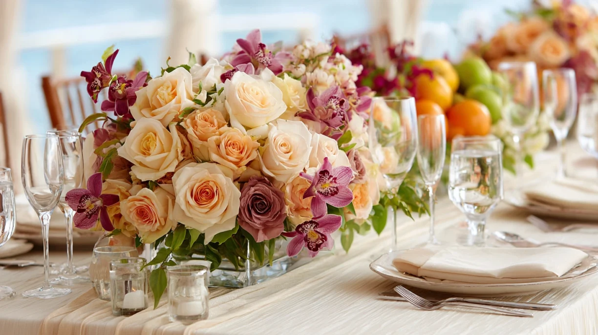 Roses and orchids in flower table centerpieces of Florida florist in autumn (8)