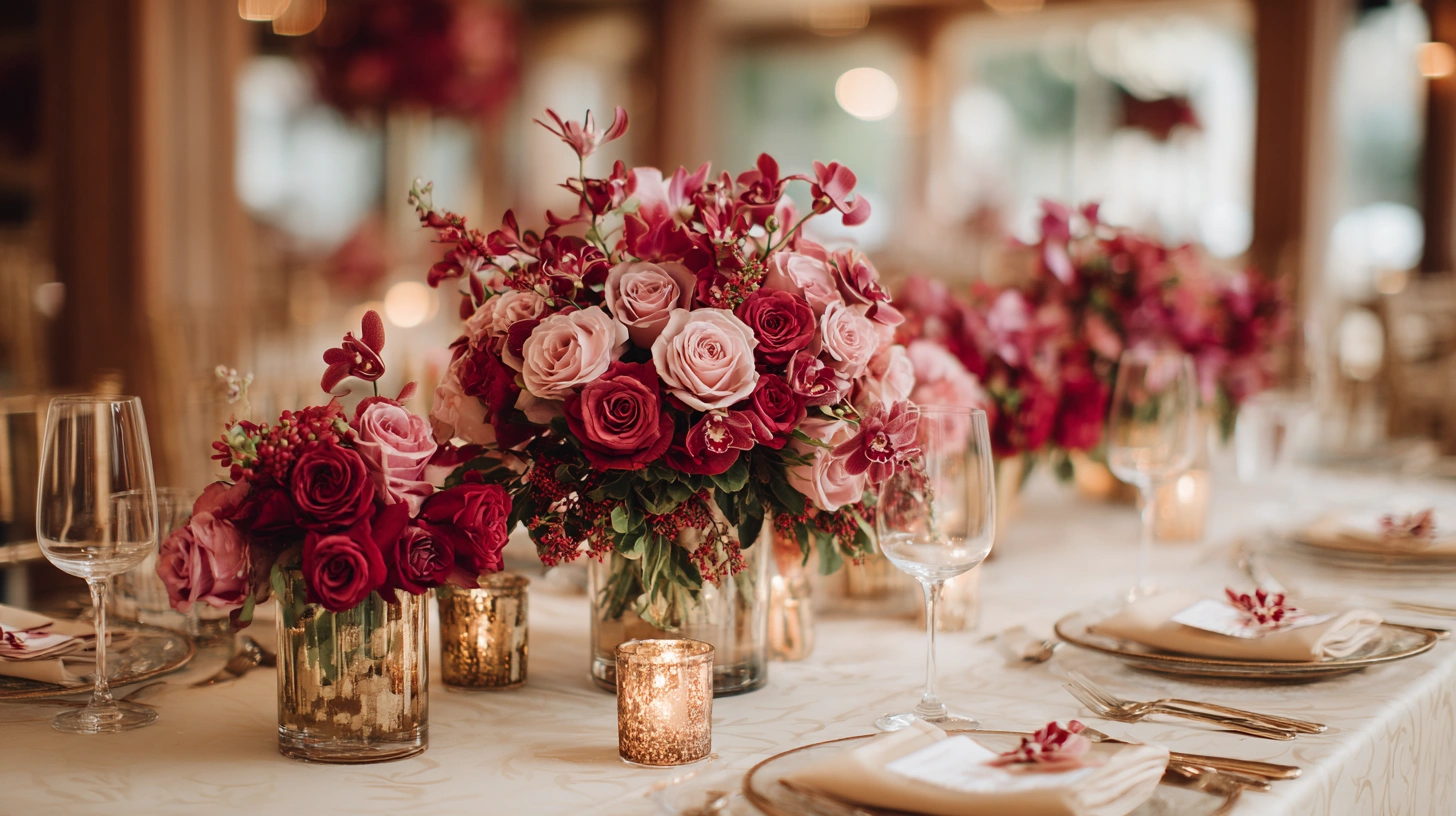Roses and orchids in flower table centerpieces of Florida florist in autumn